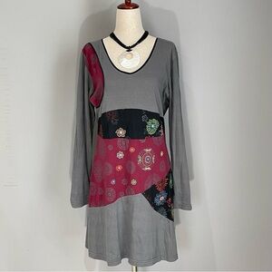 Lunieva Embroidered Dress L Grey Pullover Bohemian Whimsigoth Jersey Knit Cotton